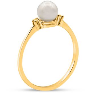 Round Freshwater Cultured Pearl and Diamond Accent Ring In 14 Karat Yellow Gold, Great For Ring Finger Or Pinky!