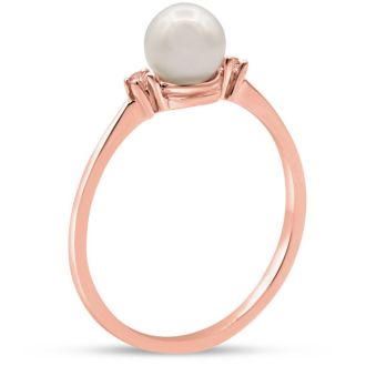 Round Freshwater Cultured Pearl and Diamond Accent Ring In 14 Karat Rose Gold, Great For Ring Finger Or Pinky!