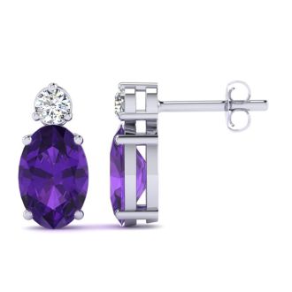 1 Carat Oval Amethyst and Diamond Stud Earrings In 14 Karat White Gold