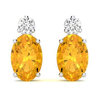 1 Carat Oval Citrine and Diamond Stud Earrings In 14 Karat White Gold