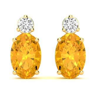 1 Carat Oval Citrine and Diamond Stud Earrings In 14 Karat Yellow Gold