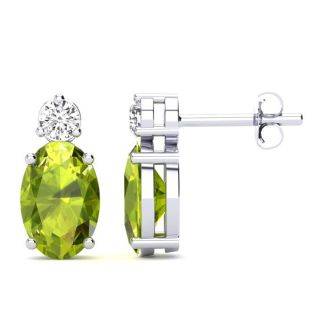 1 Carat Oval Peridot and Diamond Stud Earrings In 14 Karat White Gold