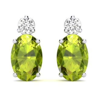 1 Carat Oval Peridot and Diamond Stud Earrings In 14 Karat White Gold