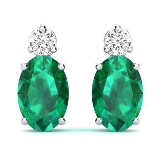 1 Carat Oval Emerald and Diamond Stud Earrings In 14 Karat White Gold