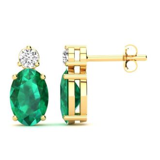 1 Carat Oval Emerald and Diamond Stud Earrings In 14 Karat Yellow Gold