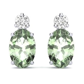 1 Carat Oval Green Amethyst and Diamond Stud Earrings In 14 Karat White Gold