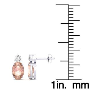 1 Carat Oval Shape Morganite Earrings with Diamond, Studs In 14 Karat White Gold