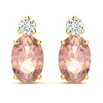 1 Carat Oval Shape Morganite Earrings with Diamond, Studs In 14 Karat Yellow Gold
