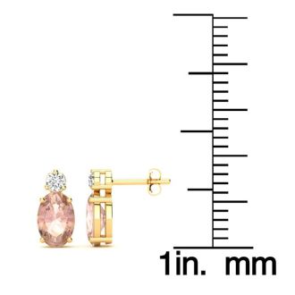 1 Carat Oval Shape Morganite Earrings with Diamond, Studs In 14 Karat Yellow Gold