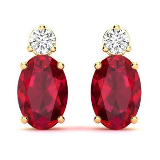 1 Carat Oval Ruby and Diamond Stud Earrings In 14 Karat Yellow Gold