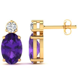 1 1/2 Carat Oval Amethyst and Diamond Stud Earrings In 14 Karat Yellow Gold
