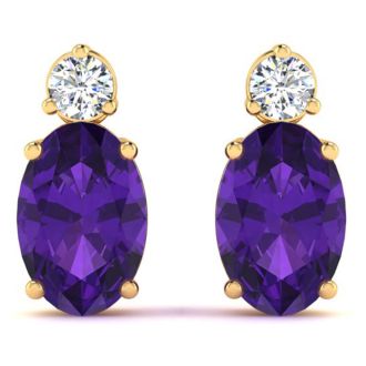 1 1/2 Carat Oval Amethyst and Diamond Stud Earrings In 14 Karat Yellow Gold