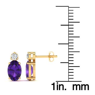 1 1/2 Carat Oval Amethyst and Diamond Stud Earrings In 14 Karat Yellow Gold