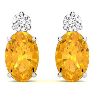 1 2/3 Carat Oval Citrine and Diamond Stud Earrings In 14 Karat White Gold