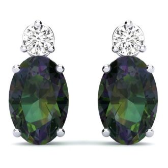 1 1/2 Carat Oval Mystic Topaz and Diamond Stud Earrings In 14 Karat White Gold