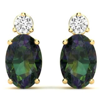 1 1/2 Carat Oval Mystic Topaz and Diamond Stud Earrings In 14 Karat Yellow Gold