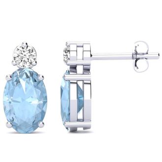 Aquamarine Earrings: Aquamarine Jewelry: 1 2/3 Carat Oval Aquamarine and Diamond Stud Earrings In 14 Karat White Gold