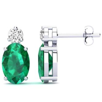 1 2/3 Carat Oval Emerald and Diamond Stud Earrings In 14 Karat White Gold