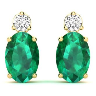 1 2/3 Carat Oval Emerald and Diamond Stud Earrings In 14 Karat Yellow Gold