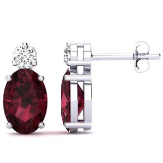 Garnet Earrings: Garnet Jewelry: 2 Carat Oval Garnet and Diamond Stud Earrings In 14 Karat White Gold