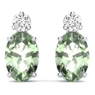 1 1/2 Carat Oval Green Amethyst and Diamond Stud Earrings In 14 Karat White Gold
