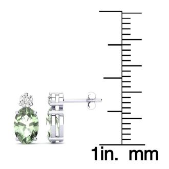 1 1/2 Carat Oval Green Amethyst and Diamond Stud Earrings In 14 Karat White Gold