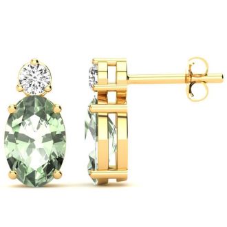 1 1/2 Carat Oval Green Amethyst and Diamond Stud Earrings In 14 Karat Yellow Gold