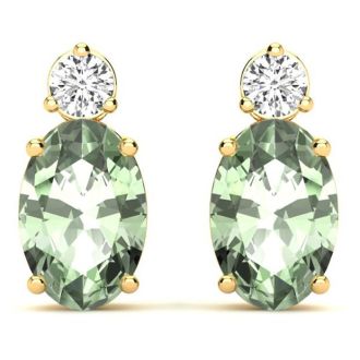 1 1/2 Carat Oval Green Amethyst and Diamond Stud Earrings In 14 Karat Yellow Gold