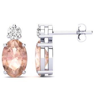 1-2/3 Carat Oval Shape Morganite Earrings with Diamond, Studs In 14 Karat White Gold