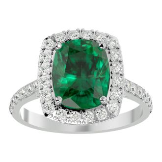3 3/4 Carat Cushion Cut Emerald and Halo Diamond Ring In 18K White Gold
