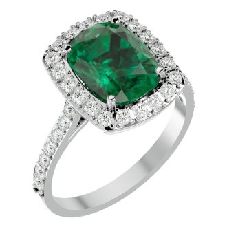 3 3/4 Carat Cushion Cut Emerald and Halo Diamond Ring In 18K White Gold
