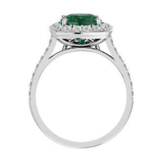 3 3/4 Carat Cushion Cut Emerald and Halo Diamond Ring In 18K White Gold