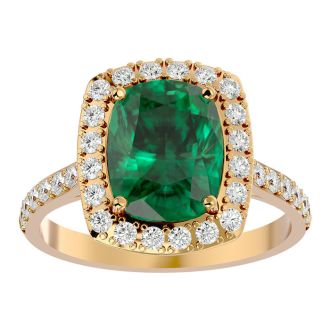 3 3/4 Carat Cushion Cut Emerald and Halo Diamond Ring In 18K Yellow Gold