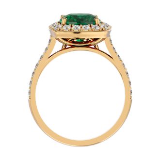 3 3/4 Carat Cushion Cut Emerald and Halo Diamond Ring In 18K Yellow Gold