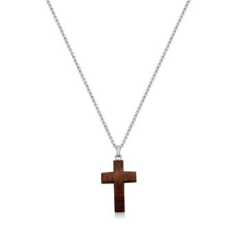 Koa Wood and Stainless Steel Cross Necklace , 24 Inches