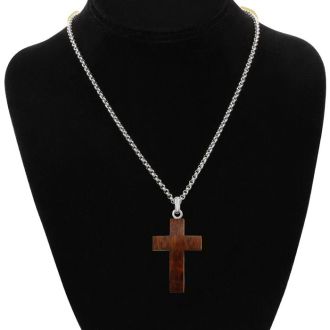 Koa Wood and Stainless Steel Cross Necklace , 24 Inches