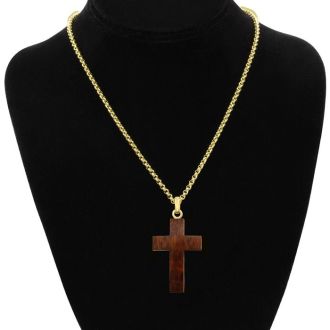 Koa Wood and Gold Plated Stainless Steel Cross Necklace , 24 Inches