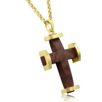 Koa Wood and Gold Plated Stainless Steel Classic Cross Necklace, 24 Inches