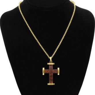 Koa Wood and Gold Plated Stainless Steel Classic Cross Necklace, 24 Inches