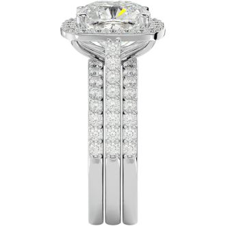 4 1/2 Carat Cushion Cut Halo Diamond Bridal Set in 14 Karat White Gold