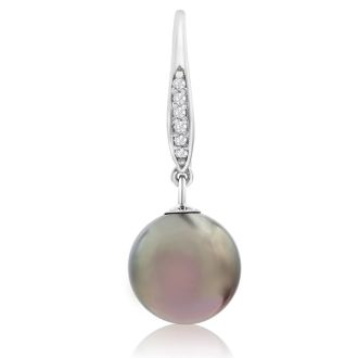 Pearl Drop Earrings With 9-9.5MM AAA Cultured Black Tahitian Pearls and Crystals In 18 Karat White Gold