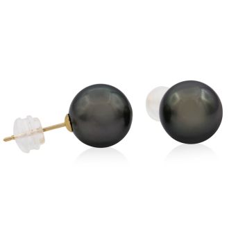 Pearl Stud Earrings With 9.5-10MM AAA Cultured Black Tahitian Pearls In 14 Karat Yellow Gold