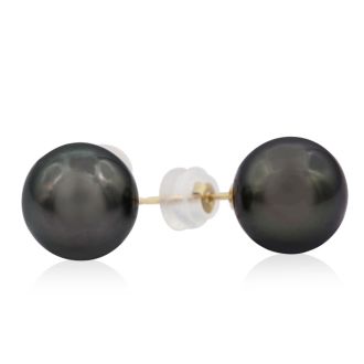 Pearl Stud Earrings With 9.5-10MM AAA Cultured Black Tahitian Pearls In 14 Karat Yellow Gold
