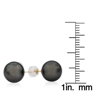 Pearl Stud Earrings With 9.5-10MM AAA Cultured Black Tahitian Pearls In 14 Karat Yellow Gold