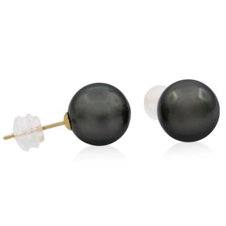 Pearl Stud Earrings With 10-10.5MM AAA Cultured Black Tahitian Pearls In 14 Karat Yellow Gold