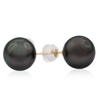 Pearl Stud Earrings With 10-10.5MM AAA Cultured Black Tahitian Pearls In 14 Karat Yellow Gold