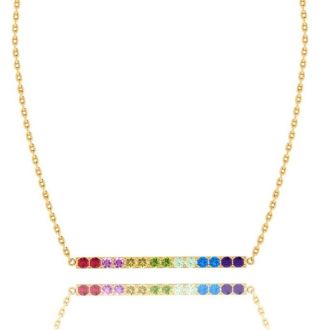 Pink Gemstones 1 Carat Natural Gemstone Rainbow Bar Necklace In 14K Yellow Gold