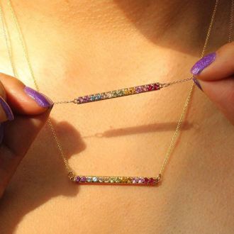 Pink Gemstones 1 Carat Natural Gemstone Rainbow Bar Necklace In 14K Yellow Gold