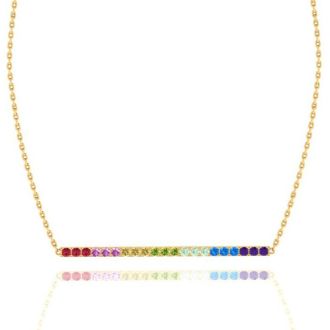 Pink Gemstones 1 1/2 Carat Natural Gemstone Rainbow Bar Necklace In 14K Yellow Gold