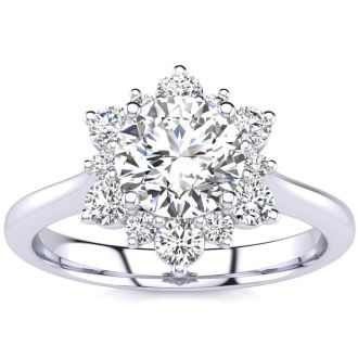 1 Carat Floral Halo Diamond Engagement Ring in 14k White Gold (I-J, I1-I2)